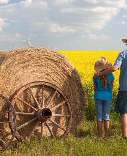 A man and a child stand in a field of yellow flowers next to a large hay bale on wheels, overlooking wind turbines in the distance.