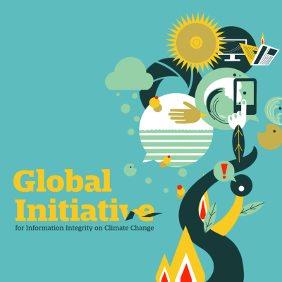 Graphic with the text "Global Initiative for Information Integrity on Climate Change," depicting symbols of nature, technology, and communication.