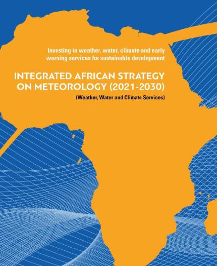 Cover of the "Integrated African Strategy on Meteorology (2021-2030)" featuring a map of Africa on a blue background with wavy lines.