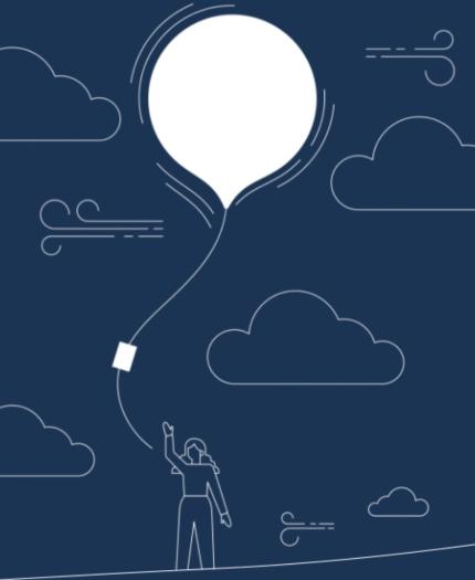 Illustration of a person holding a large balloon, surrounded by clouds and swirling wind lines on a dark background.