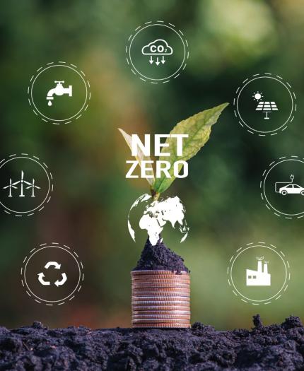 Plant growing from stack of coins with "Net Zero" text, surrounded by icons representing sustainable practices like wind energy, recycling, and electric vehicles against a blurred natural background.