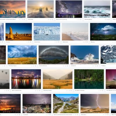 A collage of various landscape photos featuring storms, auroras, mountains, glaciers, and natural phenomena under different weather conditions.
