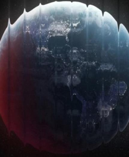 A digitally altered image of Earth with a wave-like distortion effect, showing continents and lights on the darkened surface.