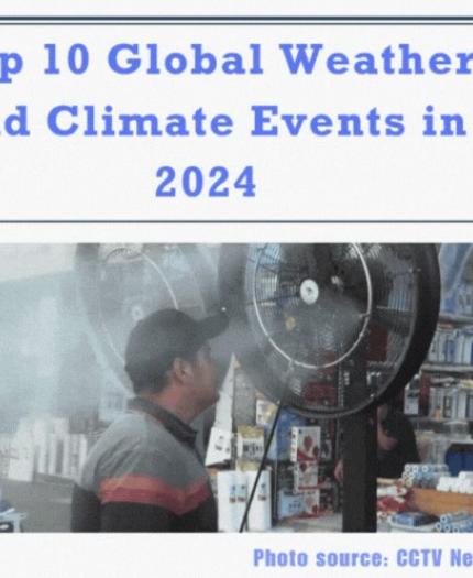 Image of a person standing near a large fan blowing mist, with overlay text reading "Top 10 Global Weather and Climate Events in 2024." Photo credited to CCTV News.