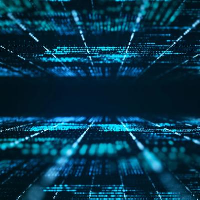 Abstract digital background featuring blue and teal lines and dots forming a grid pattern, creating a sense of depth and perspective, representing data or technology.