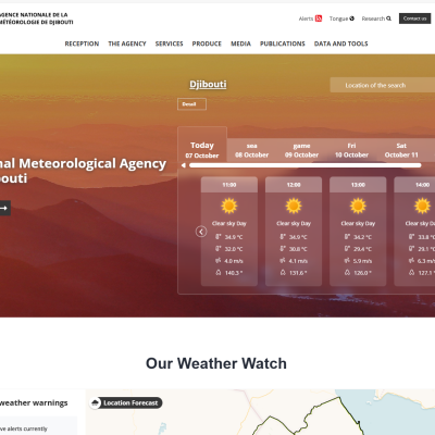 Screenshot of the National Meteorological Agency of Djibouti website showing a five-day weather forecast with sunny conditions.