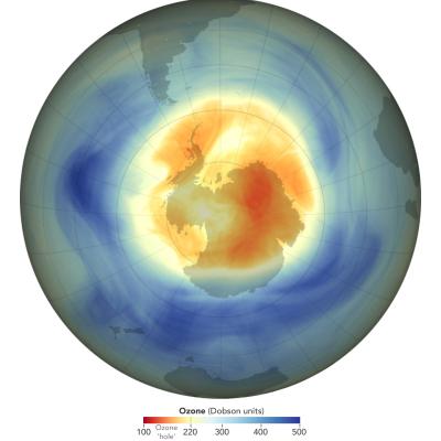 Map of the ozone layer over Antarctica showing low ozone concentrations in red and orange, and higher concentrations in blue, with a color bar indicating Dobson units.