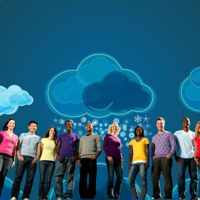 A diverse group of people stands in front of a blue background with illustrated clouds, sun, and snowflakes.