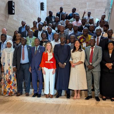 A large group of people, dressed in formal and traditional attire, pose for a group photo on a staircase in an indoor setting.