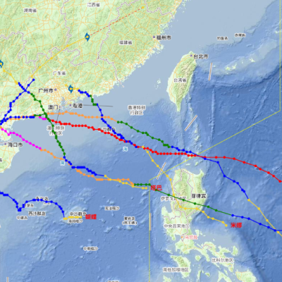 Map showing several typhoon tracks across East and Southeast Asia, with color-coded lines indicating each typhoon's path and place names labeled in Chinese.