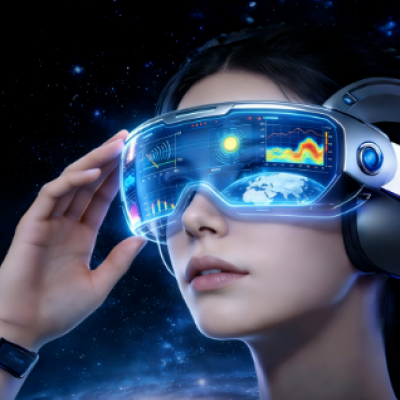 A person wearing futuristic virtual reality goggles displays digital data and graphs, with a space-themed background.