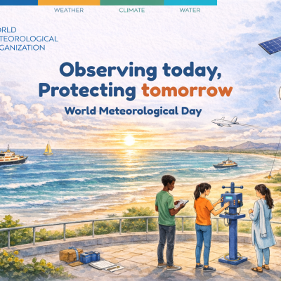 Three people use meteorological instruments on a coastal balcony at sunset, with boats, a weather balloon, satellite, and observatory visible; World Meteorological Organization branding present.