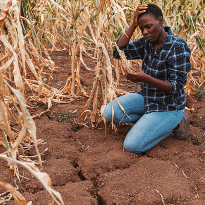 A person kneels on dry, cracked soil in a cornfield with wilting plants, examining the ground while holding their head in concern.