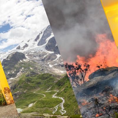 Four vertical panels show a sunny village, snowy mountains, a wildfire with smoke, and an ocean sunset, representing different climates and environments.