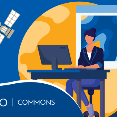 Illustration of a person at a desk using a computer, with a satellite, a weather map, and the WMO Commons logo in the background.
