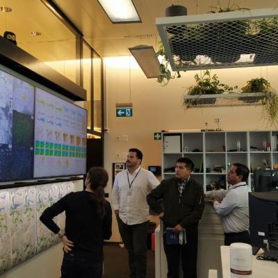 A group of people stand in front of large screens displaying weather maps and data in a modern office with plants and shelves in the background.