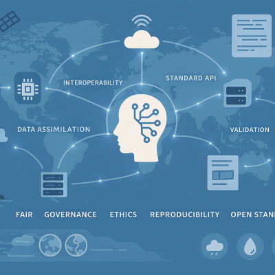 Diagram illustrating data science concepts such as interoperability, validation, standard API, and ethics, connected by icons over a world map background.