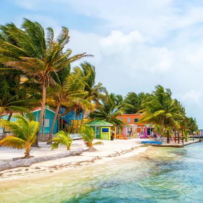 Colorful seaside houses and palm trees line a sandy beach next to clear turquoise water under a partly cloudy sky.
