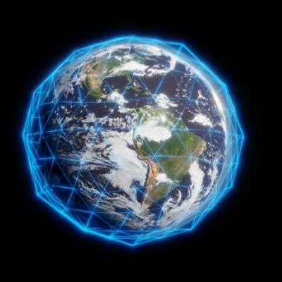 A digital rendering of Earth with a blue geometric network overlay, symbolizing global connectivity, on a black background.