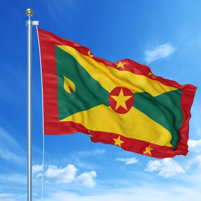 The national flag of Grenada flying on a flagpole against a blue sky.