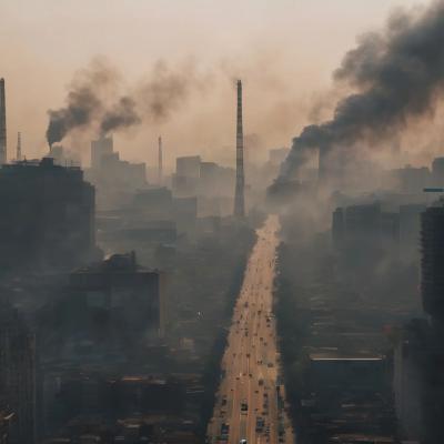A city skyline shrouded in thick smog with industrial chimneys emitting large plumes of smoke over a busy road.