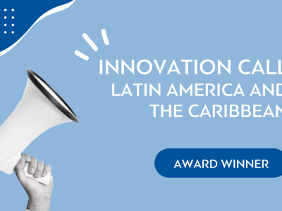 Hand holding a megaphone against a blue background with text "innovation call latin america and the caribbean, award winner".