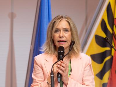 A woman in a light pink blazer speaks into a microphone at a podium, with blue and yellow flags in the background.