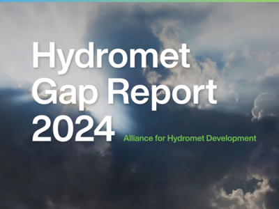 Cover of the Hydromet Gap Report 2024 by the Alliance for Hydromet Development, featuring a cloudy sky with a beam of sunlight breaking through.