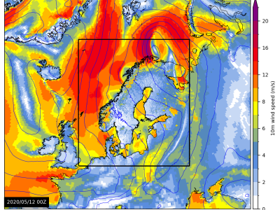 A weather map showing 10m wind speed (m/s) over Scandinavia and surrounding regions on 2020/05/12 00Z, with wind speeds indicated by a color scale from 0 to 20.