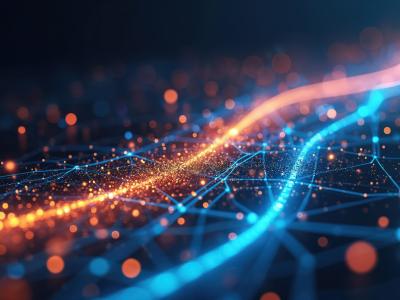 Abstract graphic showing glowing blue and orange data streams flowing across a network of connected nodes, conveying digital connectivity, information flow and collaboration.
