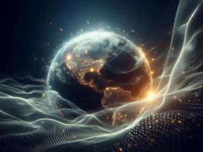 A digital rendering of Earth with illuminated continents is surrounded by glowing, flowing lines representing data or energy networks.